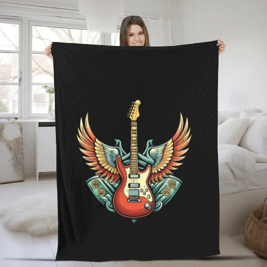Vintage Retro 80s Rock Roll Music Guitar Wing Fleece Blankets