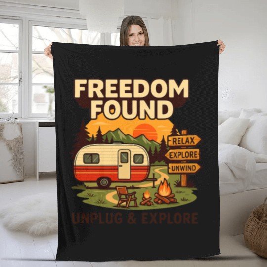 Freedom Found Vintage Camper Adventure Fleece Blankets