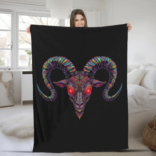 Psychedelic Demon Head with Spiral Horns Fleece Blankets