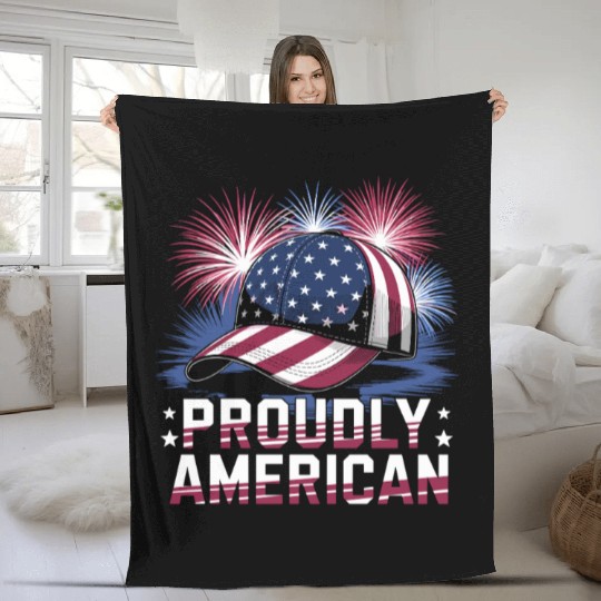 Proudly American Hat With Fireworks and Stars Fleece Blankets