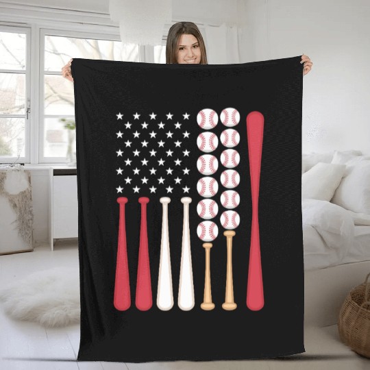 American Flag Baseball Bats and Balls Patriotic Fleece Blankets