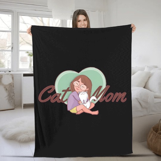 Cat Mom SVG – Girl Hugging White Cat with Heart Fleece Blankets