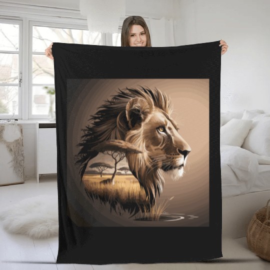 Majestic Lion in African Savanna Landscape Fleece Blankets