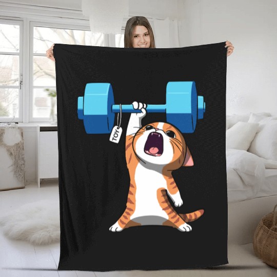 Workout Strength! Tiny Warrior Cat Huge Muscles. Fleece Blankets