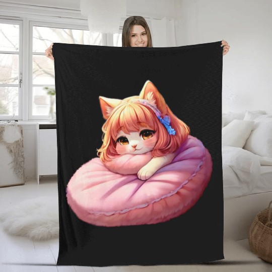 Neko Snoozing Under Sakura Fleece Blankets