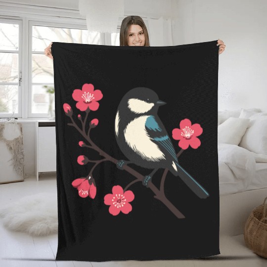 Cherry Blossom Bird - Spring Serenity Art Fleece Blankets