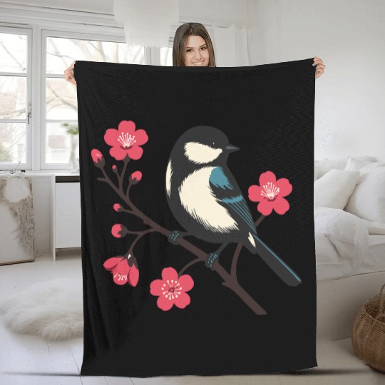 Cherry Blossom Bird - Spring Serenity Art Fleece Blankets