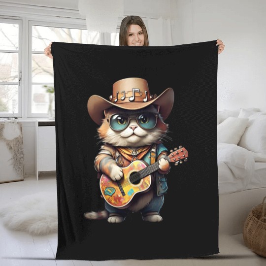 Festival Cat with Patterned Guitar Fleece Blankets