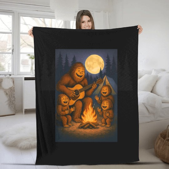 Bigfoot Family Singing Around Campfire - Family Fleece Blankets