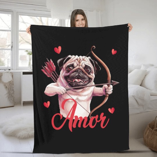 Amor Cupid Pug with Bow and Hearts Fleece Blankets