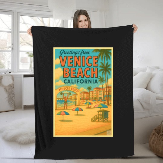 Venice Beach Vintage Postcard Fleece Blankets