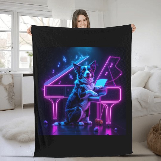 Dog Playing Piano Music Lover Funny Fleece Blankets