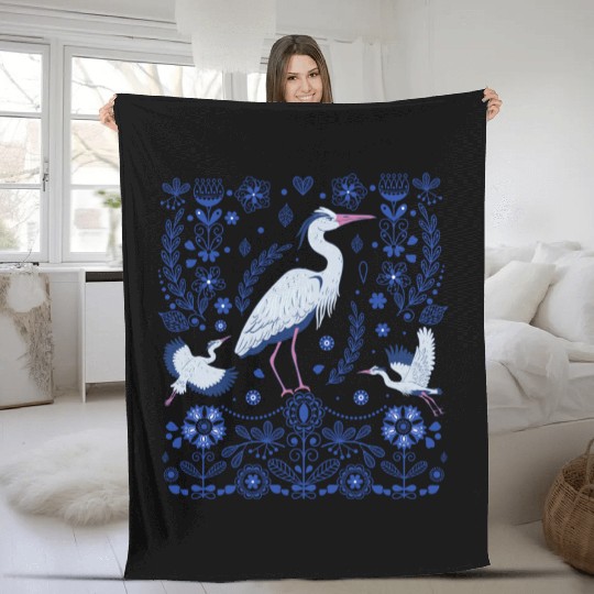 Great Blue Heron Folk Art Fleece Blankets