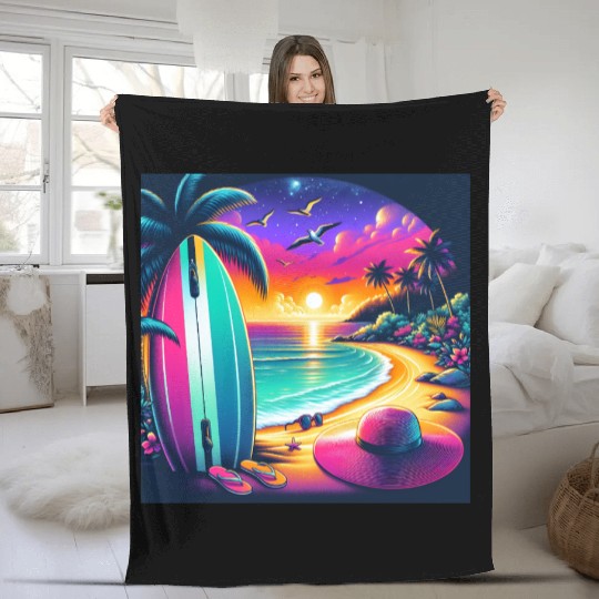 Tropical Sunset Surf Vibes Fleece Blankets