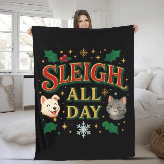 Sleigh All Day – Cute Holiday Pet Edition Fleece Blankets