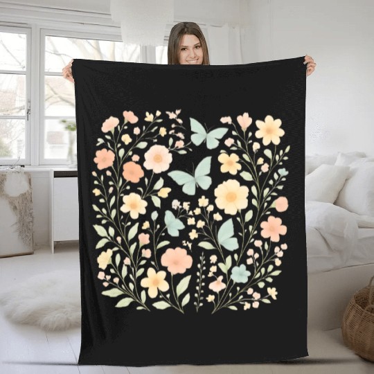 Pastel Floral and Butterfly Nature Scene Fleece Blankets