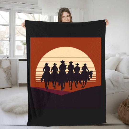 Western Silhouette Sunset Fleece Blankets