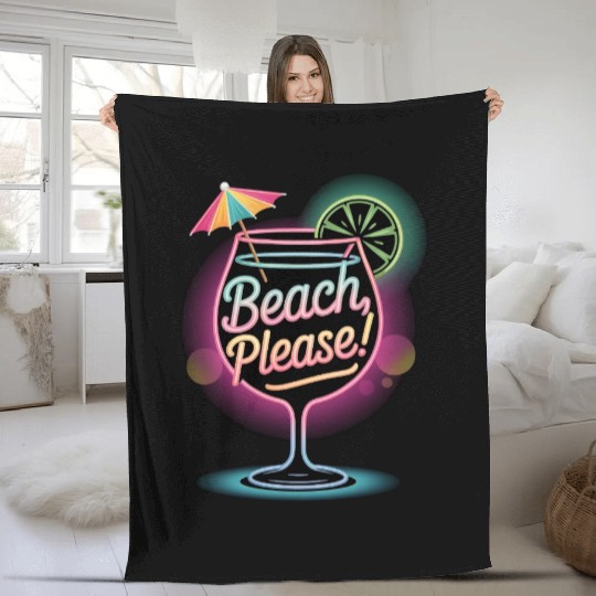 Neon Tropical Cocktail Beach Please Retro Summer Fleece Blankets