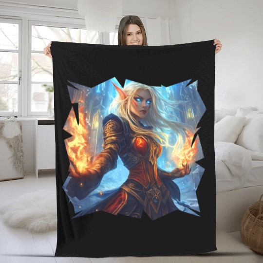 Fire Elf Sorceress with Blazing Spell Power Fleece Blankets