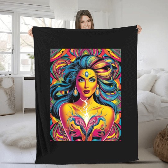 Vibrant Psychedelic Goddess Illustration Fleece Blankets