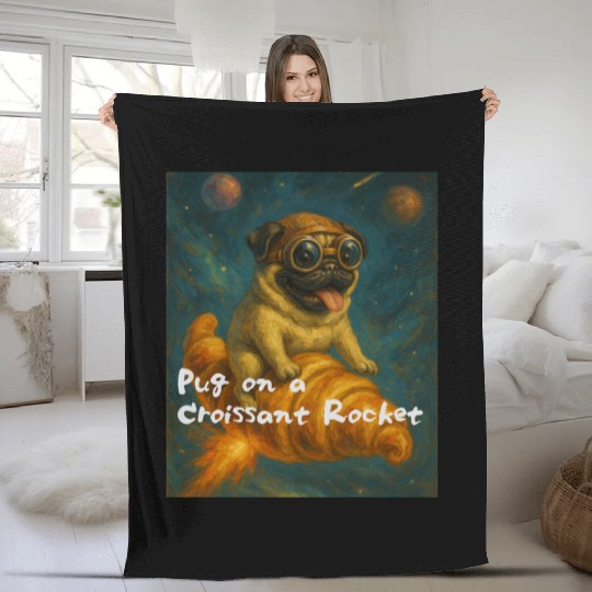 Pug on a Croissant Rocket Fleece Blankets