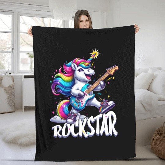 Rockstar Unicorn Playing Rainbow Guitar Fleece Blankets