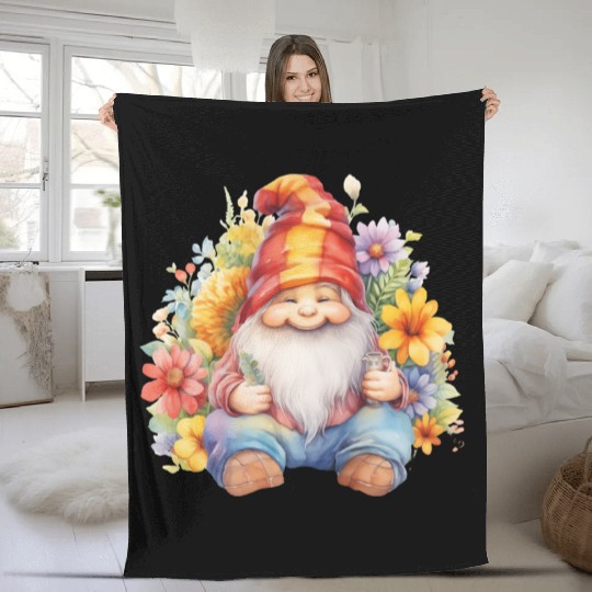 Red Hat Gnome with Flowers Fleece Blankets
