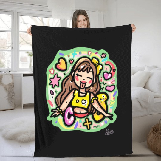 Playful Girl with Hearts and Stars Fleece Blankets