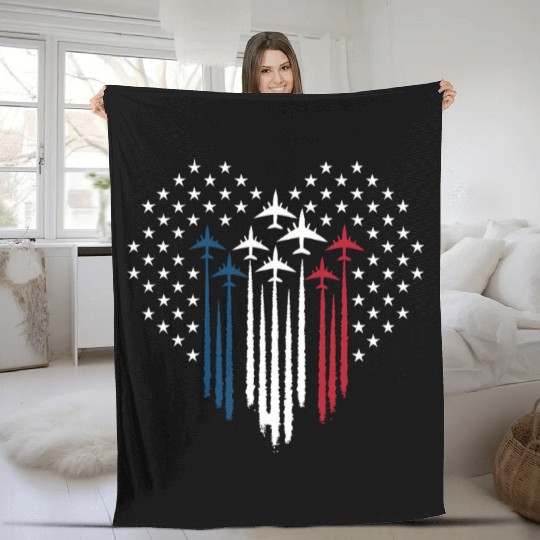 Fighter Jet Airplane USA Flag Heart Fleece Blankets