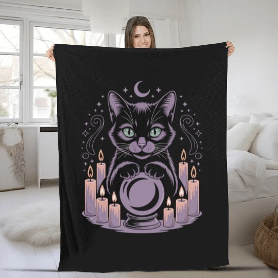 Witchy Cat with Crystal Ball and Candles Fleece Blankets