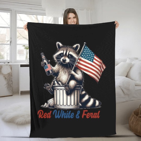 Red White and Feral Raccoon 4th July Fleece Blankets