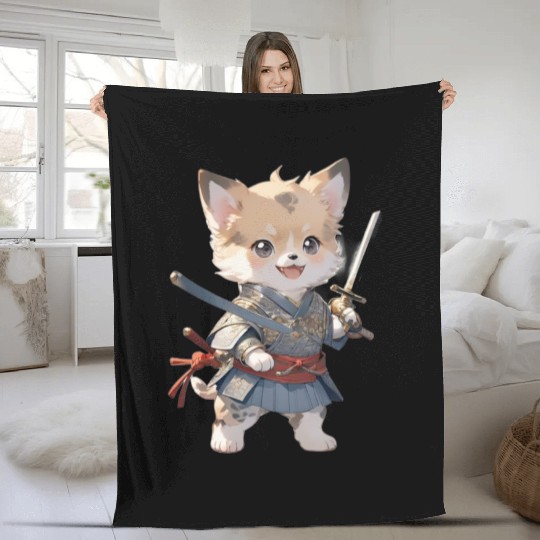 Dog Samurai Coffee Fleece Blankets