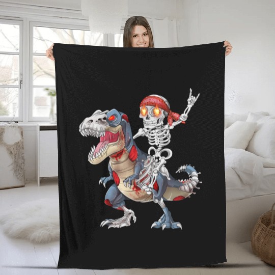 Rocker Skeleton Riding Zombie Dinosaur Halloween Fleece Blankets