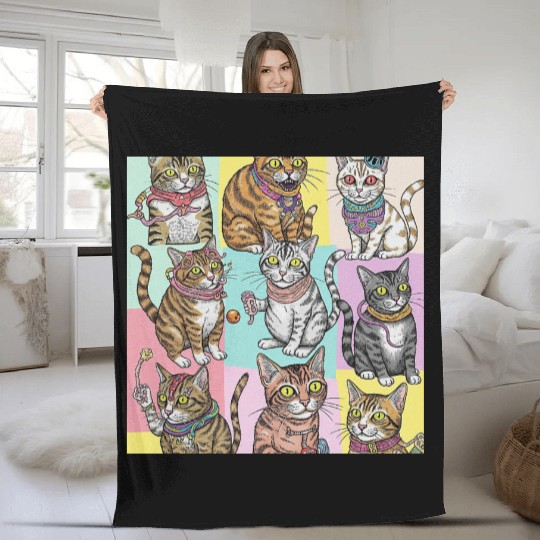 Psychedelic Cat Collage Fleece Blankets