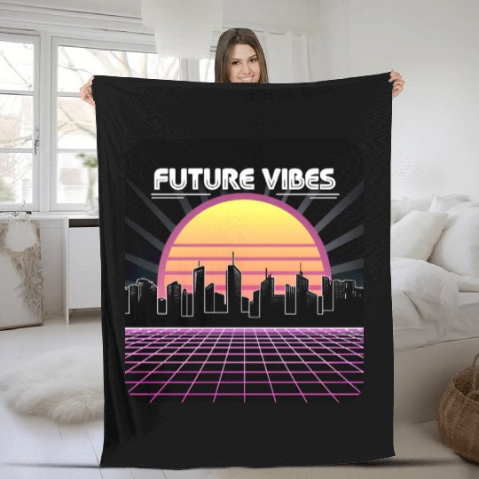 Future Vibes Synthwave Sunset Grid Retro 80s Fleece Blankets