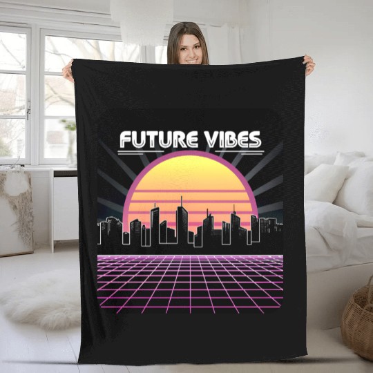 Future Vibes Synthwave Sunset Grid Retro 80s Fleece Blankets