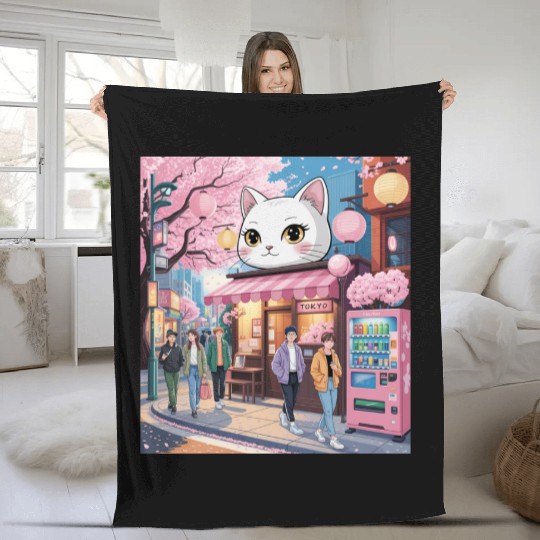 Tokyo Sakura Stroll – Cute Girl Under Cherry Bloss Fleece Blankets