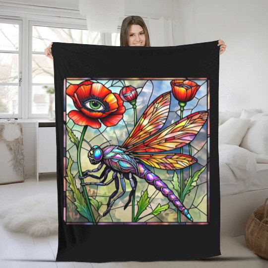 Dragonfly stained glass poppy flower insect eye Fleece Blankets
