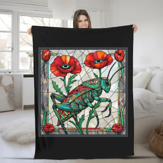 Grasshopper cricket stained glass poppy flower Fleece Blankets