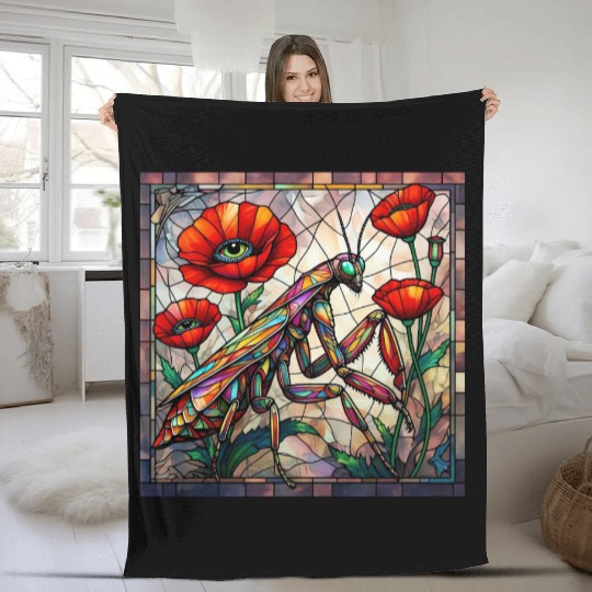 Praying mantis stained glass vibrant poppy flower Fleece Blankets