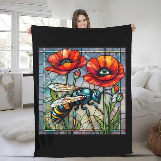 Wasp hornet bee stained glass vibrant poppy flower Fleece Blankets