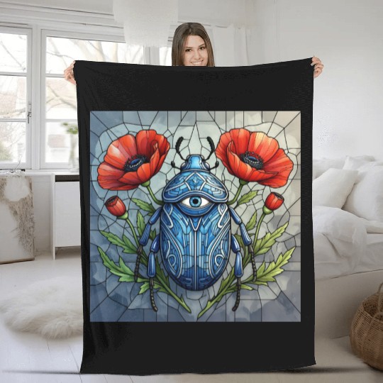 Beetle stained glass bug design vibrant poppy Fleece Blankets