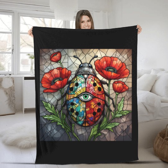 Ladybug stained glass vibrant poppy flower insect Fleece Blankets