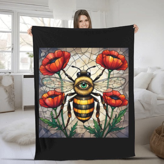 Bumble bee stained glass vibrant poppy flower eye Fleece Blankets