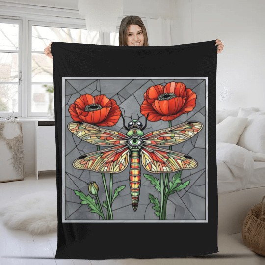 Dragonfly stained glass design vibrant poppy eye Fleece Blankets