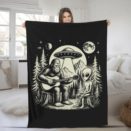 Bigfoot Playing Guitar With Alien And UFO Vintage Fleece Blankets