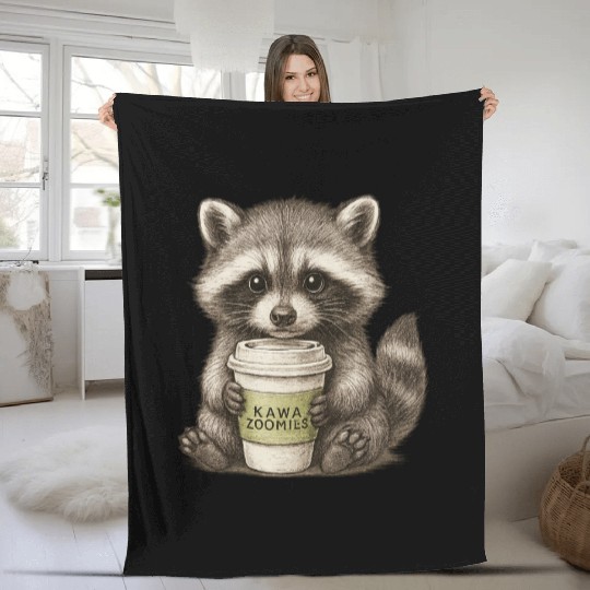 raccoon and coffee - design Kawa Zoomies Fleece Blankets