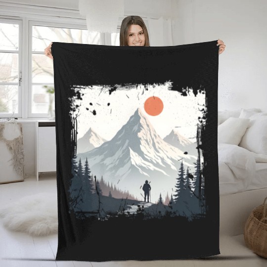 Serene Mountain Wilderness Scene Fleece Blankets