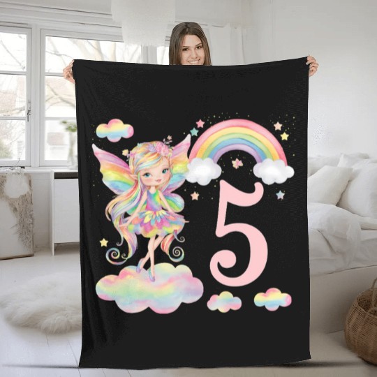 Magical Rainbow Fairy Elf 5th Birthday Girl Fleece Blankets