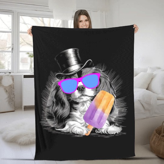 Cavalier King Charles Spaniel with a popsicle Fleece Blankets